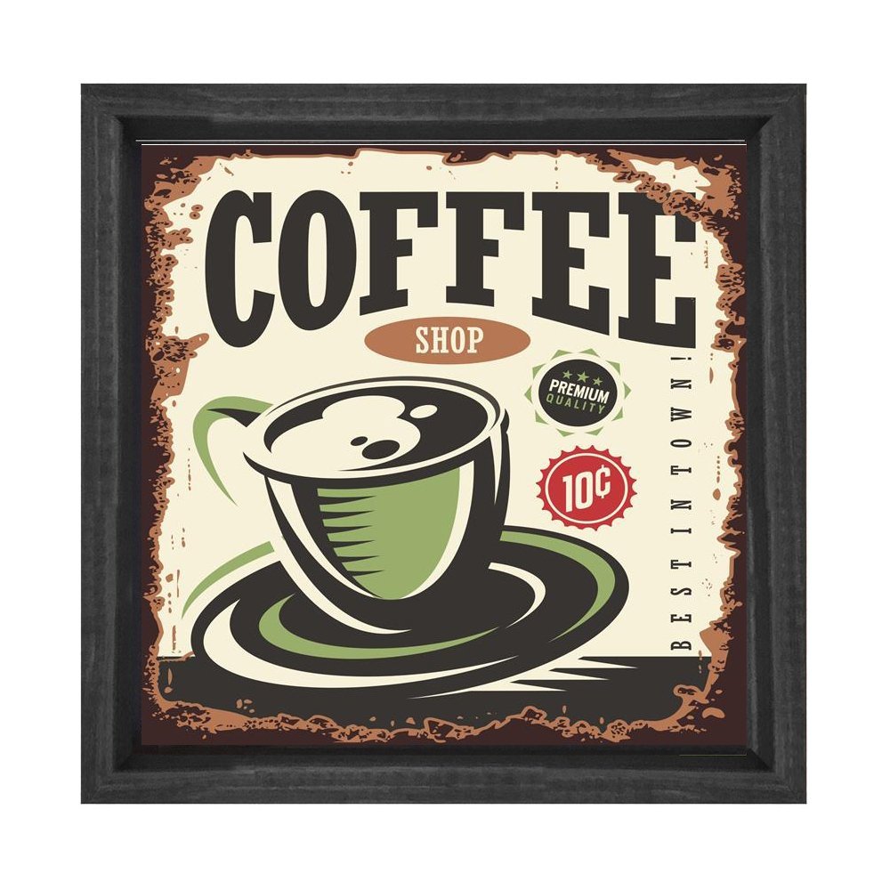 Coffee Vintage Reklam Afişi Tablosu Siyah Ahşap Çerçeve - 90x90