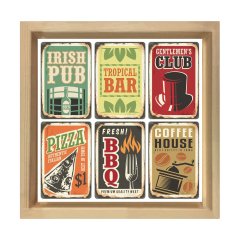 Pub Bar Club  Tablosu Naturel Ahşap Çerçeve - 40x40