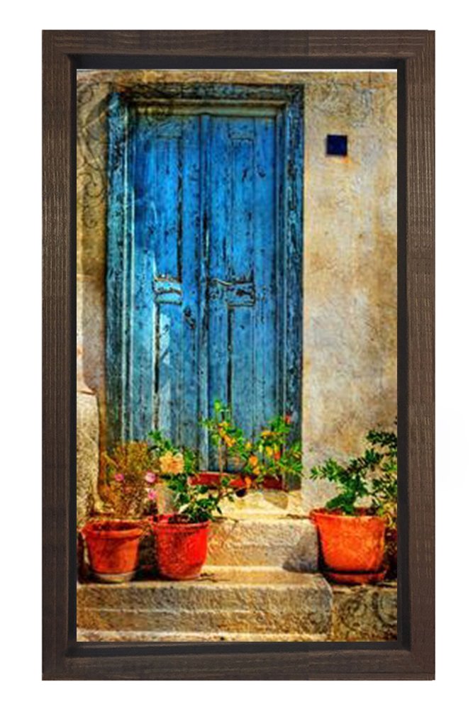 Köy  Kapısı Çiçekli Saksılar Tablosu Kahverengi Ahşap - 40x60
