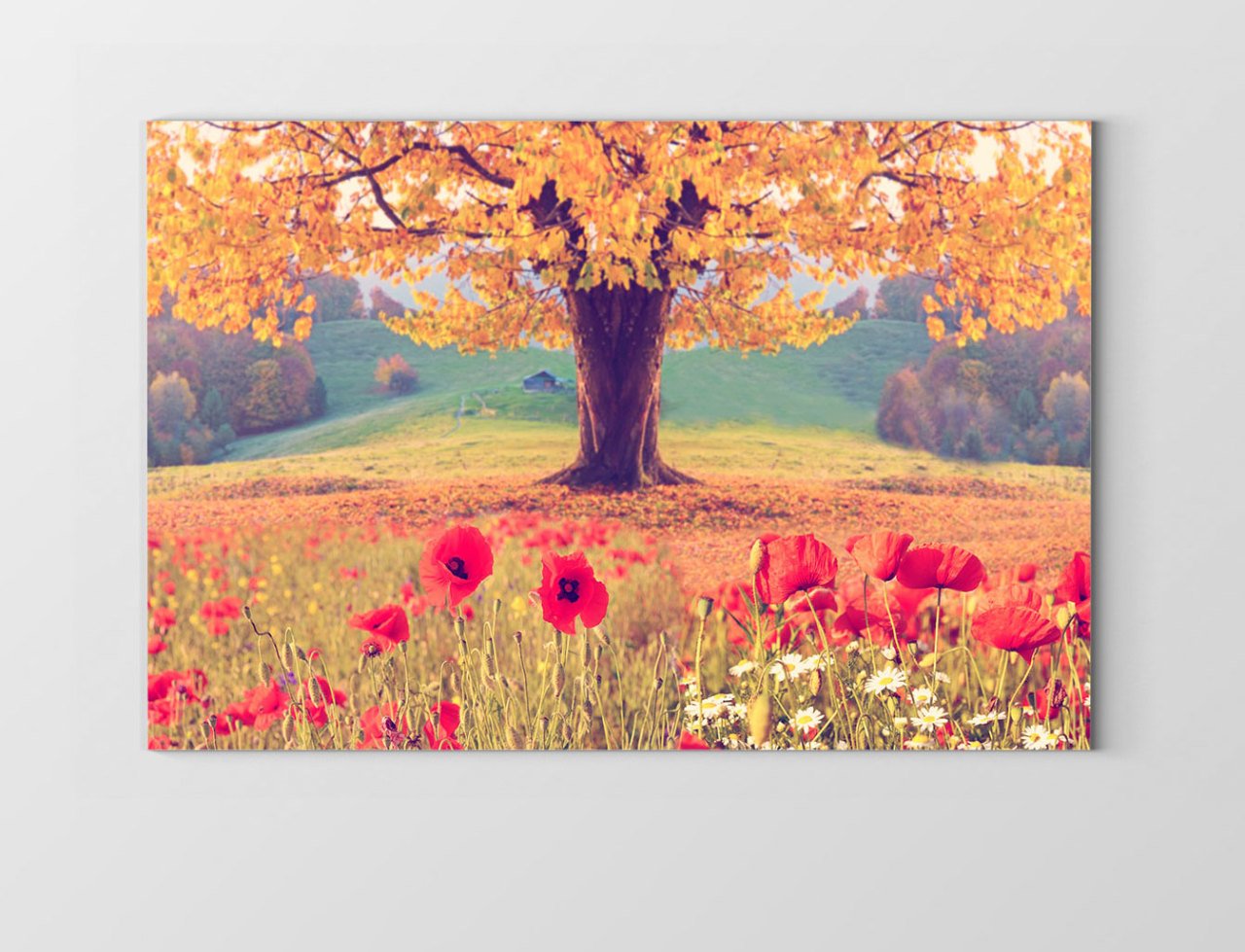 Sarı Ağaç Kırmızı Çiçekler Tablosu Çerçevesiz - 50x70