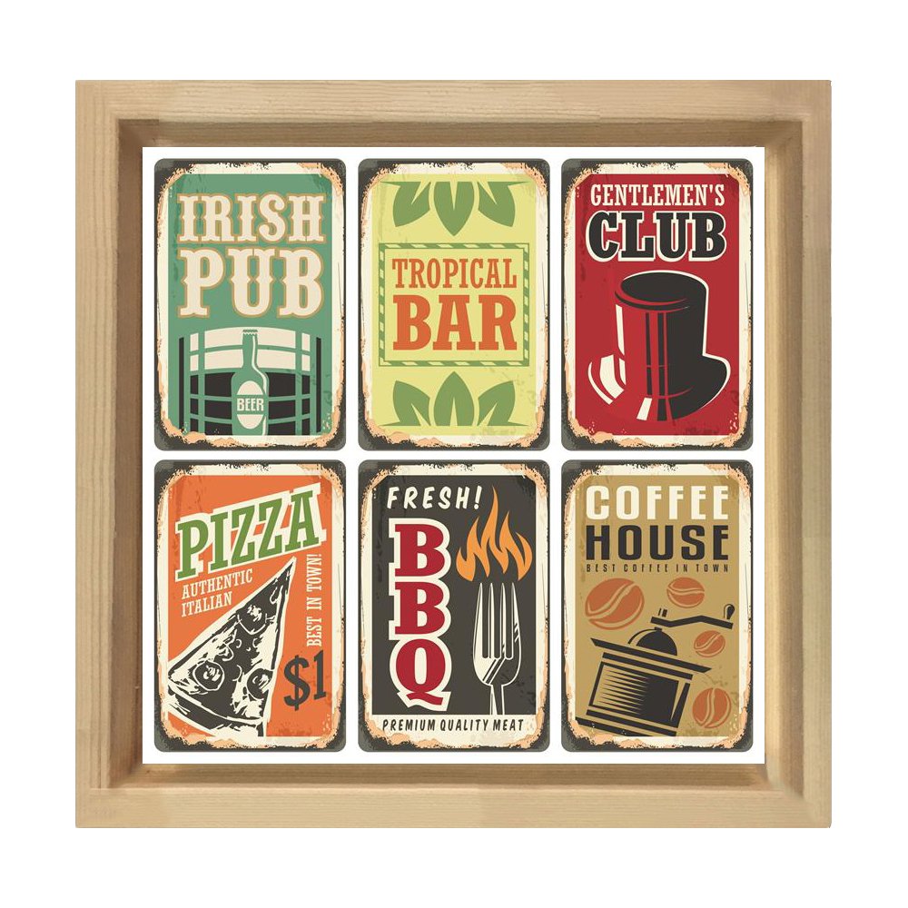 Pub Bar Club  Tablosu Naturel Ahşap Çerçeve - 70x70