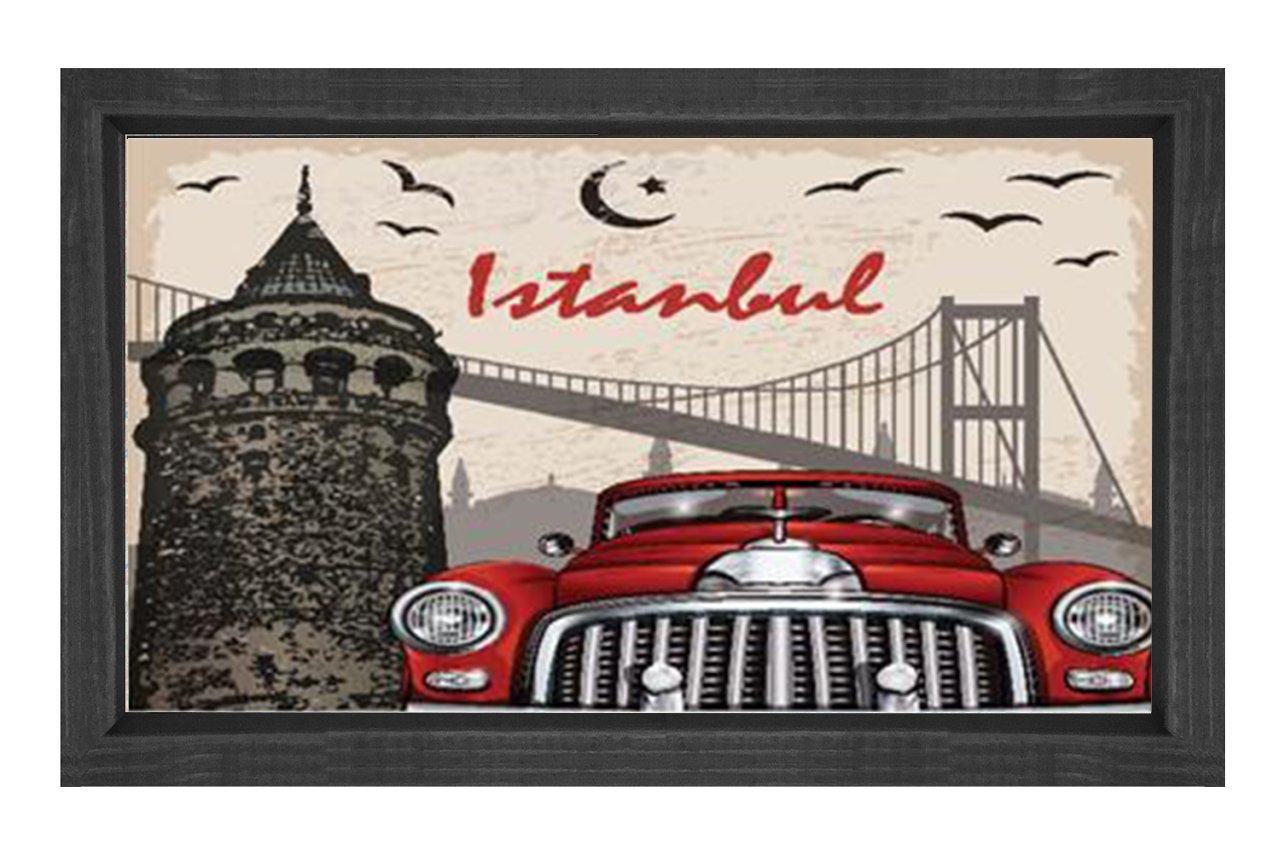 İstanbul ve Kırmızı Klasik Araba Tablosu Siyah Ahşap - 45x30