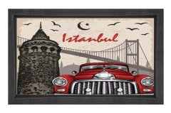 İstanbul ve Kırmızı Klasik Araba Tablosu Siyah Ahşap - 45x30