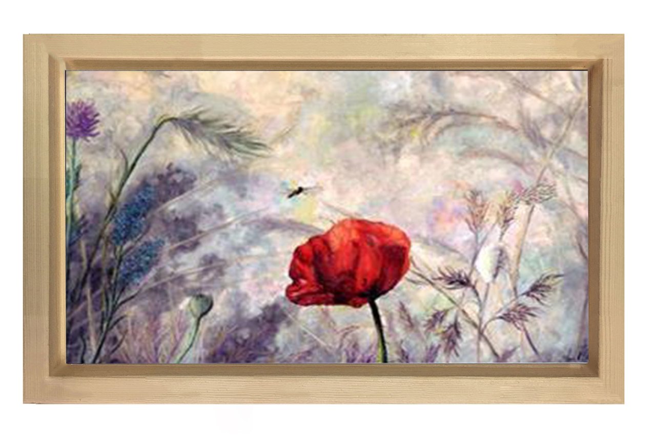 Sadelik ve Gelincik Çiçeği Tablosu Naturel Ahşap Çerçeve - 45x30