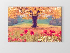 Sarı Ağaç Kırmızı Çiçekler Tablosu Çerçevesiz - 70x100