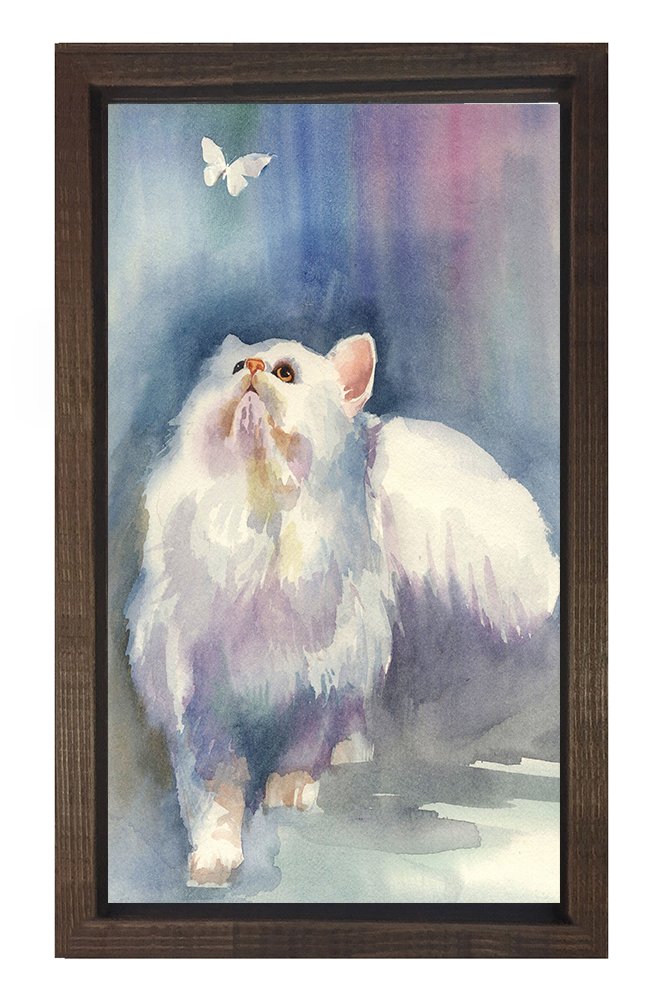 Beyaz Kedi Tablosu Kahverengi Ahşap Çerçeve - 50x70