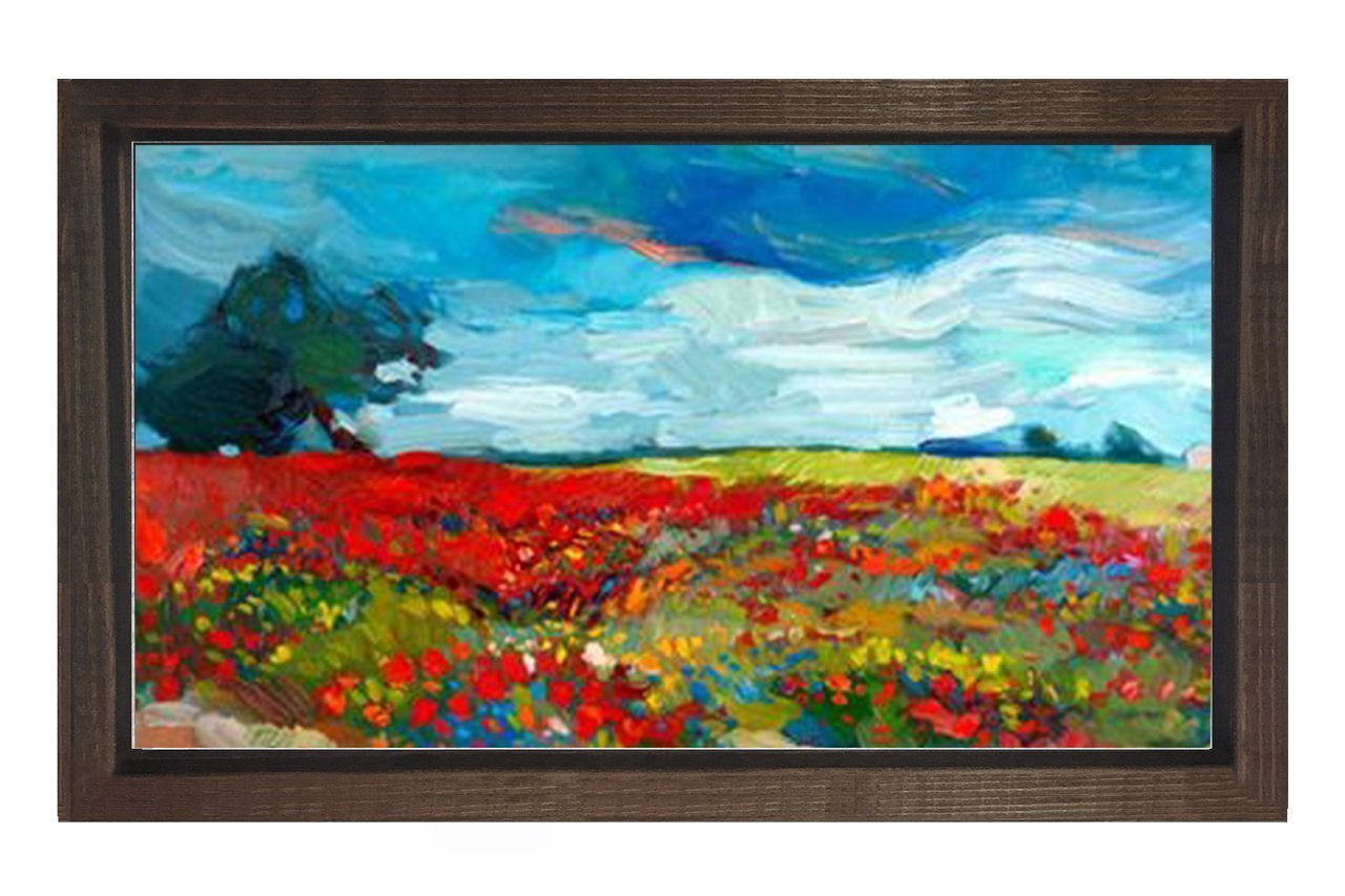 Kırmızı Çiçekli Doğa Manzarası Tablosu Kahverengi Ahşap - 100x150