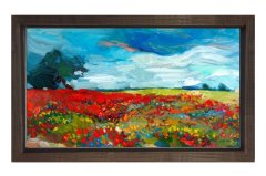 Kırmızı Çiçekli Doğa Manzarası Tablosu Kahverengi Ahşap - 100x150