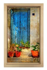 Köy  Kapısı Çiçekli Saksılar Tablosu Naturel Ahşap - 100x200