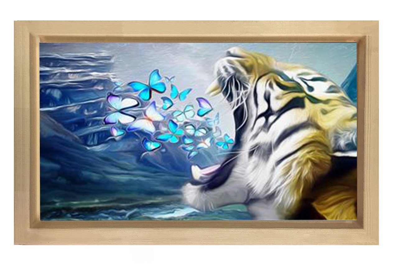 Kelebek Kükreyen Kaplan Tablosu Naturel Ahşap Çerçeve - 50x90