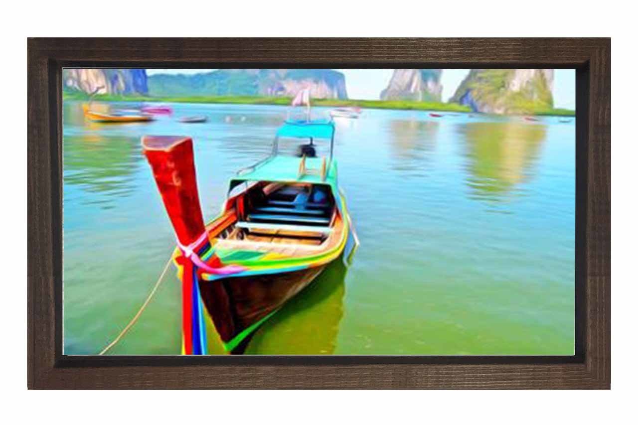 Sakin Göl Ve Kayık Tablosu Kahverengi Ahşap Çerçeve - 45x30