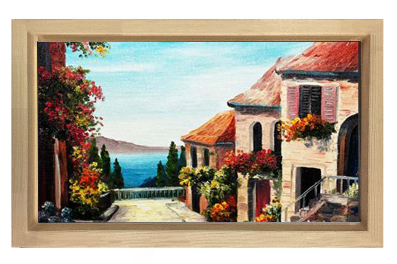 Sevimli Sokak Yağlıboya Tablosu Naturel Ahşap Çerçeve - 100x200