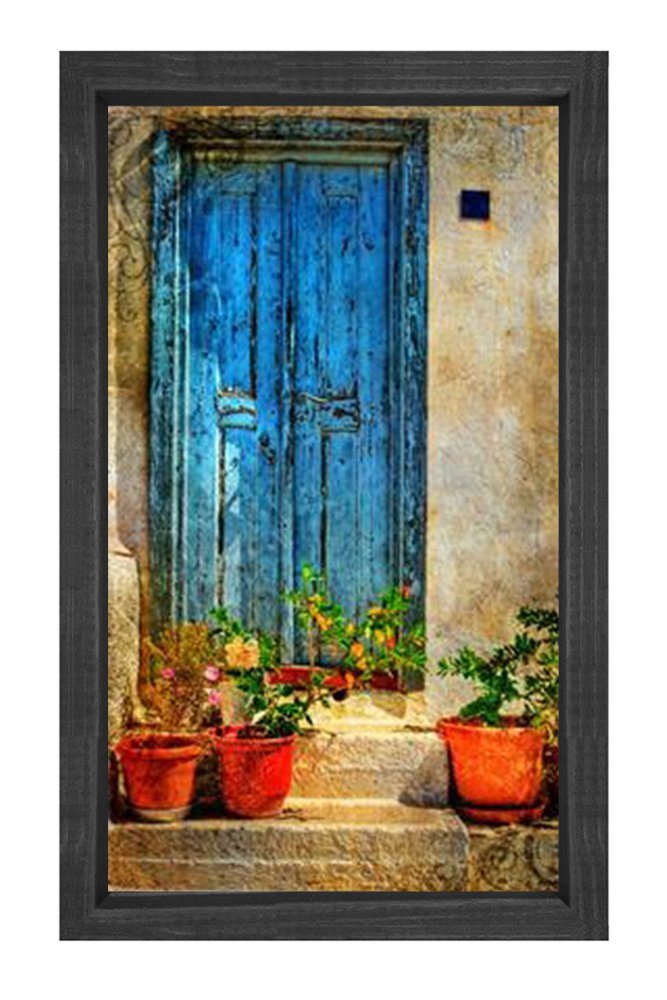 Köy  Kapısı Çiçekli Saksılar Tablosu Siyah Ahşap - 100x200