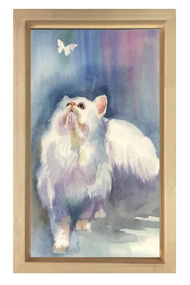 Beyaz Kedi Tablosu Naturel Ahşap Çerçeve - 50x70