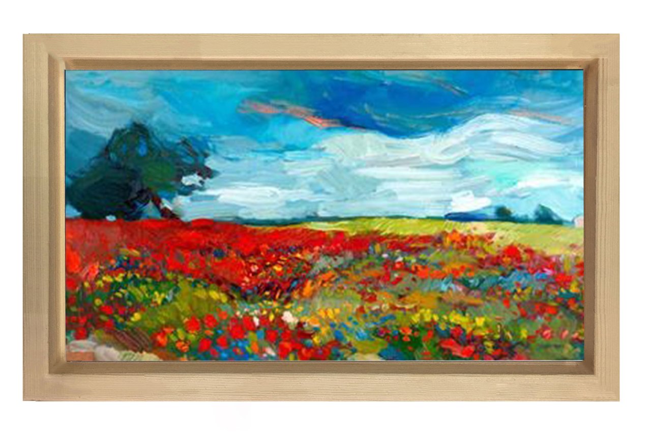 Kırmızı Çiçekli Doğa Manzarası Tablosu Naturel Ahşap - 100x200