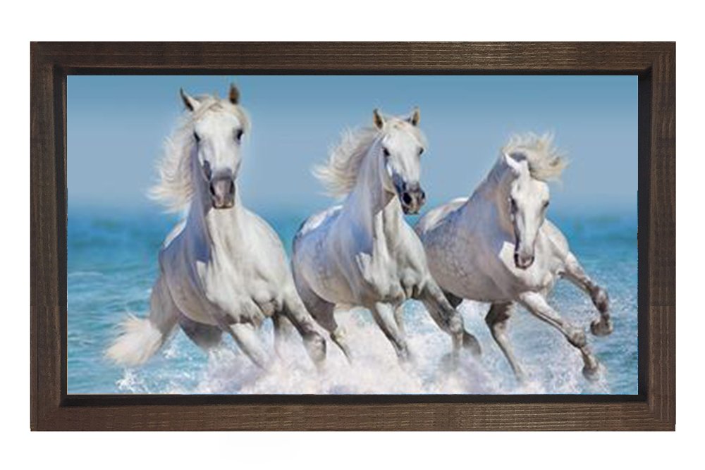 Koşan Beyaz Atlar Tablosu Kahverengi Ahşap Çerçeve - 100x150