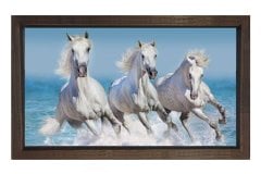 Koşan Beyaz Atlar Tablosu Kahverengi Ahşap Çerçeve - 100x150