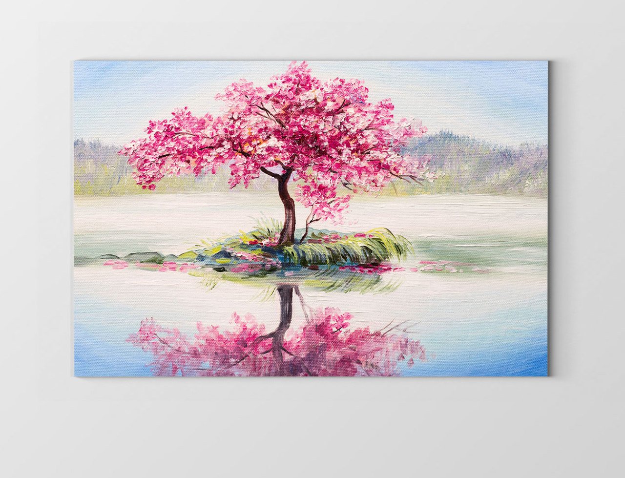 Pembe Çiçekli Ağaç Göl Manzara Tablosu Çerçevesiz - 45x30