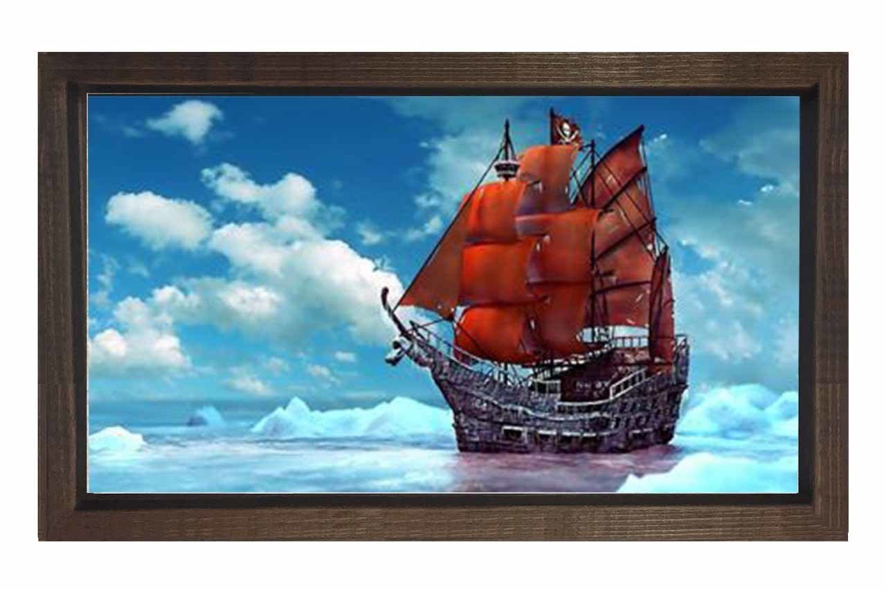 Kırmızı Yelkenli Gemi Tablosu Kahverengi Ahşap Çerçeve - 45x30