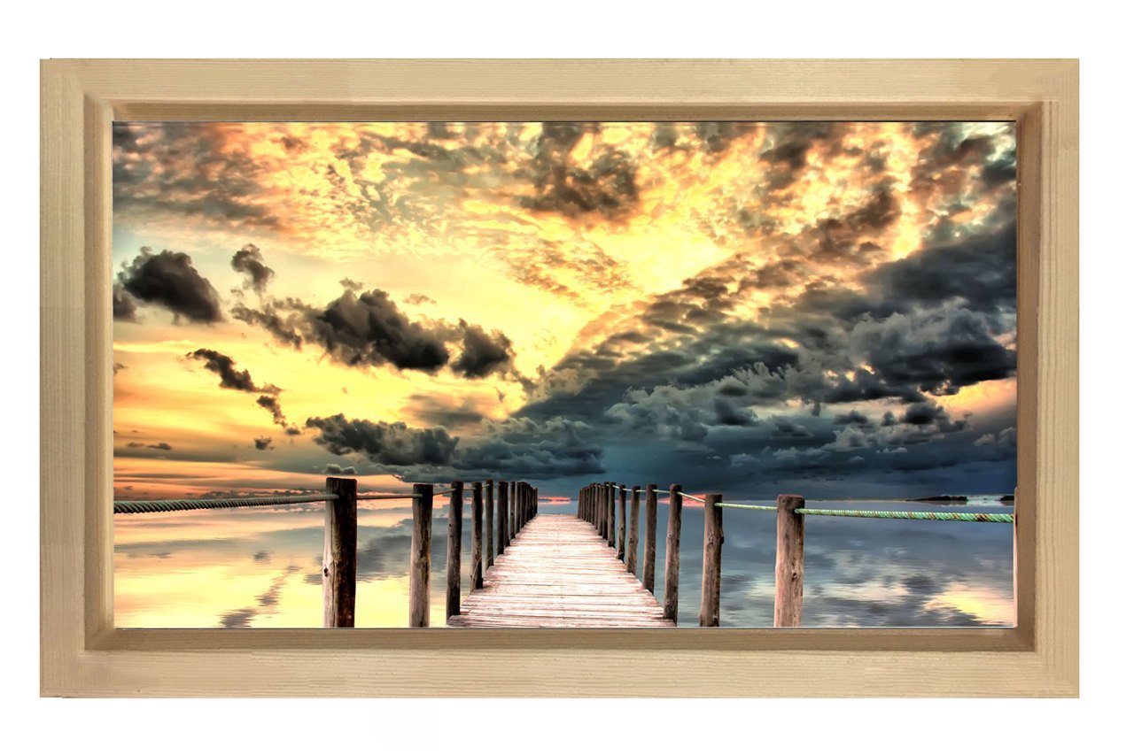 Sarı Gökyüzü Köprü Manzarası Tablosu Naturel Ahşap Çerçeve - 50x70