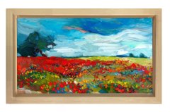 Kırmızı Çiçekli Doğa Manzarası Tablosu Naturel Ahşap - 50x90