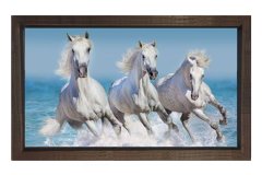 Koşan Beyaz Atlar Tablosu Kahverengi Ahşap Çerçeve - 50x70