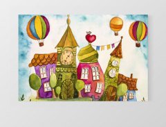 Balonlar ve Masal Evler Tablosu Çerçevesiz - 100x200