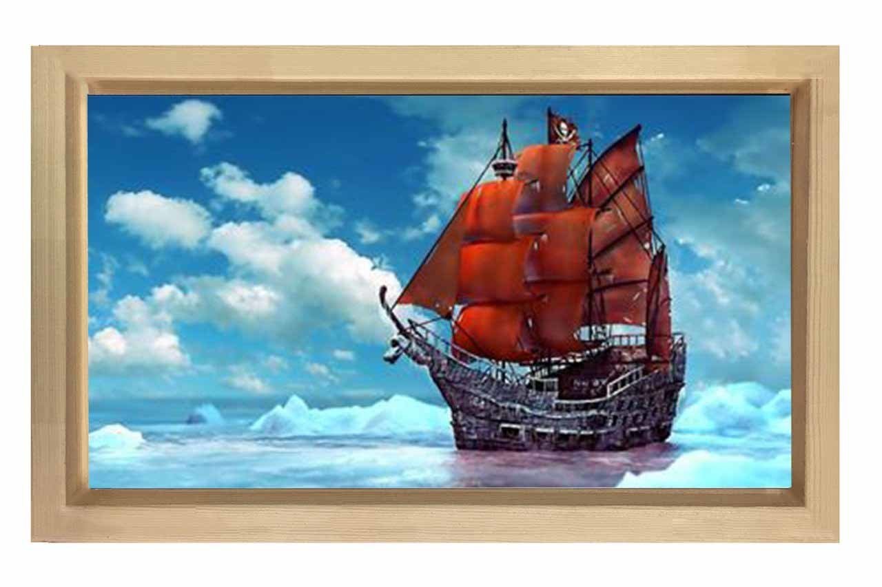 Kırmızı Yelkenli Gemi Tablosu Naturel Ahşap Çerçeve - 45x30