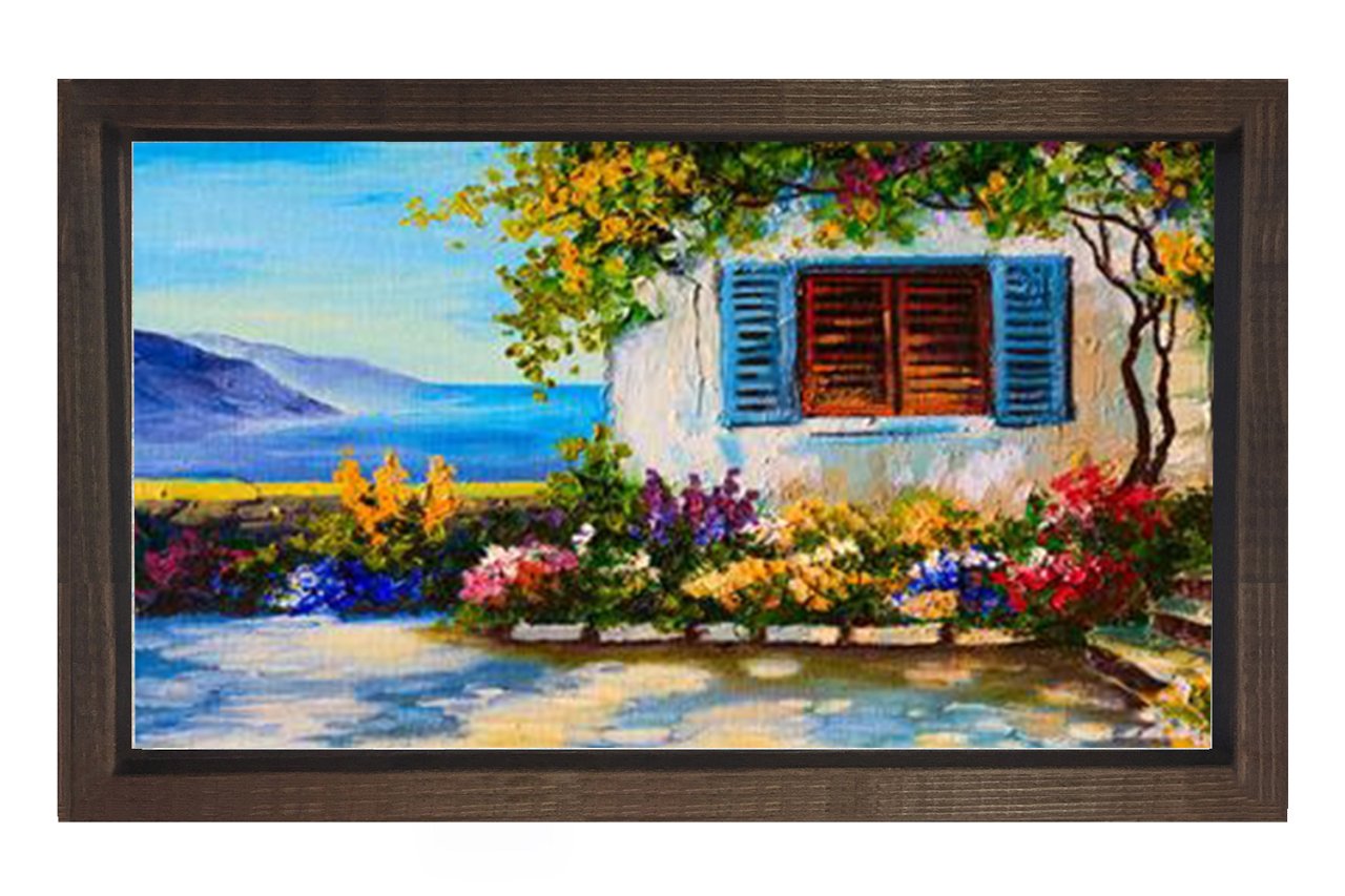 Çiçekli Ev Yağlıboya Tablosu Kahverengi Ahşap Çerçeve - 100x200