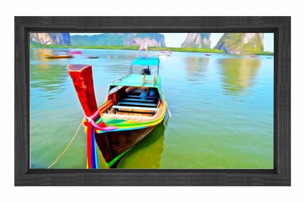 Sakin Göl Ve Kayık Tablosu Siyah Ahşap Çerçeve - 45x30