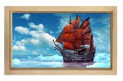 Kırmızı Yelkenli Gemi Tablosu Naturel Ahşap Çerçeve - 50x70