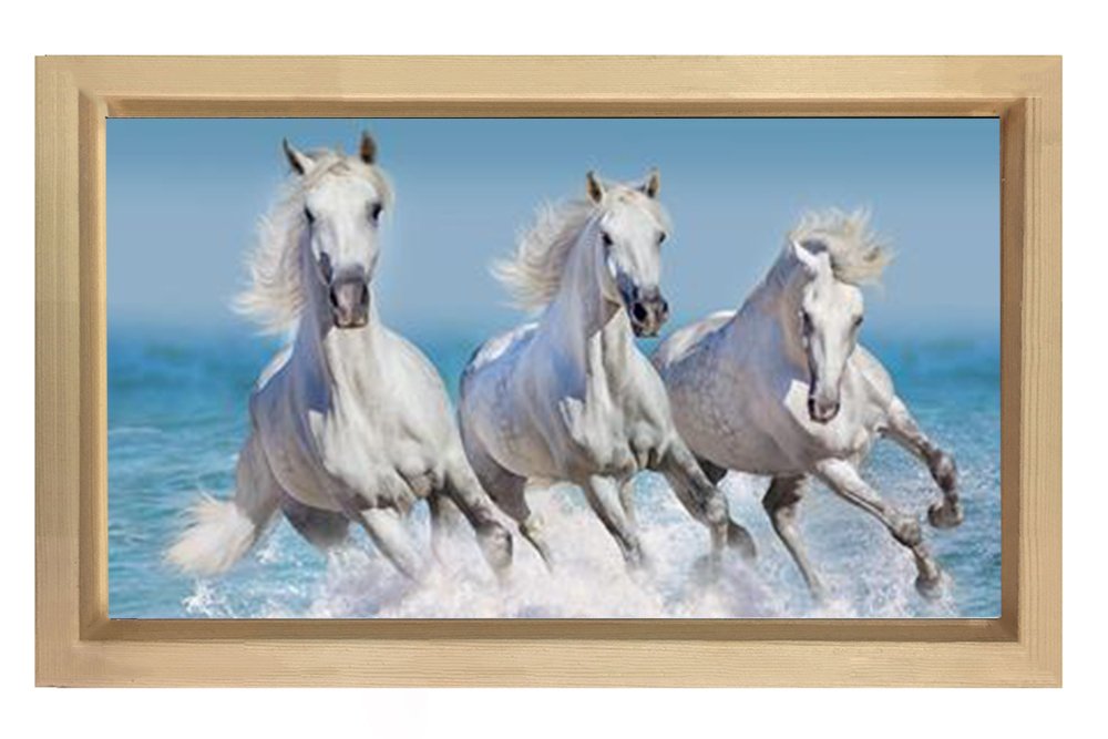 Koşan Beyaz Atlar Tablosu Naturel Ahşap Çerçeve - 40x60