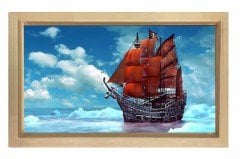 Kırmızı Yelkenli Gemi Tablosu Naturel Ahşap Çerçeve - 50x90