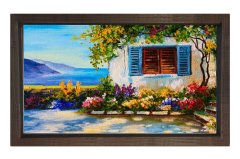 Çiçekli Ev Yağlıboya Tablosu Kahverengi Ahşap Çerçeve - 45x30