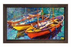 Sulu Boya Kayıklar Tablosu Kahverengi Ahşap Çerçeve - 100x150