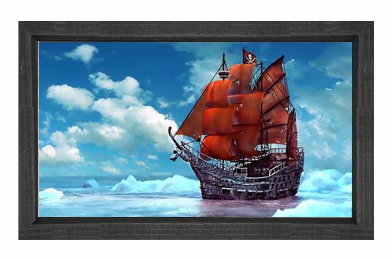 Kırmızı Yelkenli Gemi Tablosu Siyah Ahşap Çerçeve - 100x200