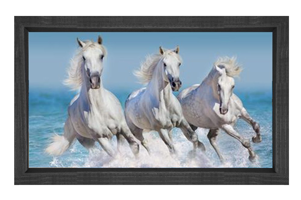 Koşan Beyaz Atlar Tablosu Siyah Ahşap Çerçeve - 100x150