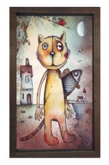 Kedi Ve Balık Tablosu Kahverengi Ahşap Çerçeve - 50x90