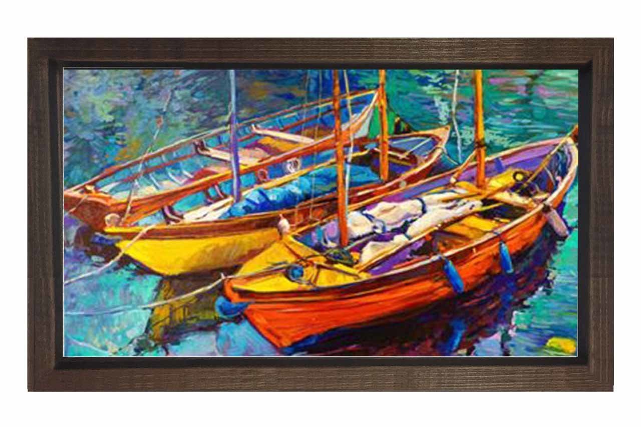 Sulu Boya Kayıklar Tablosu Kahverengi Ahşap Çerçeve - 50x70