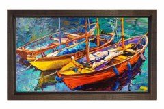 Sulu Boya Kayıklar Tablosu Kahverengi Ahşap Çerçeve - 50x90