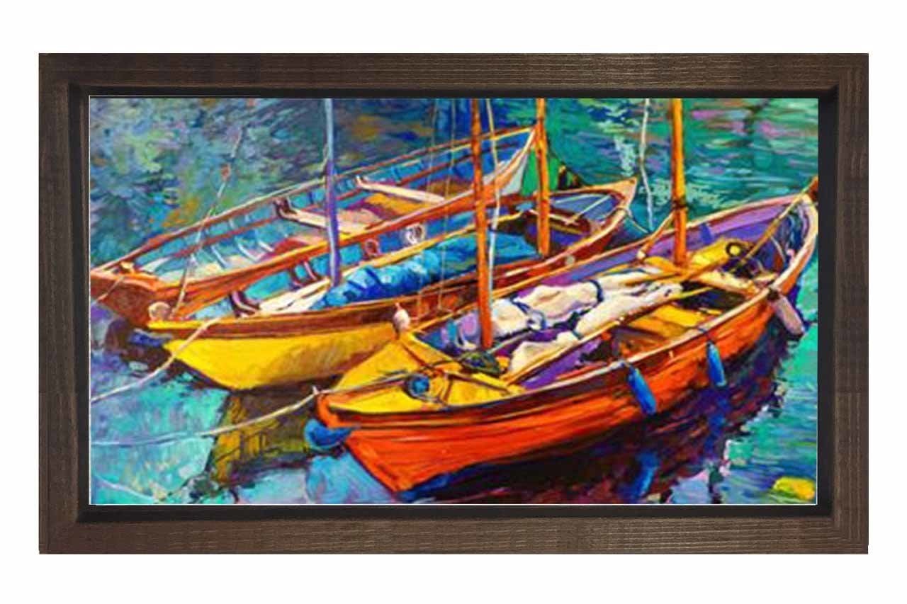 Sulu Boya Kayıklar Tablosu Kahverengi Ahşap Çerçeve - 70x100