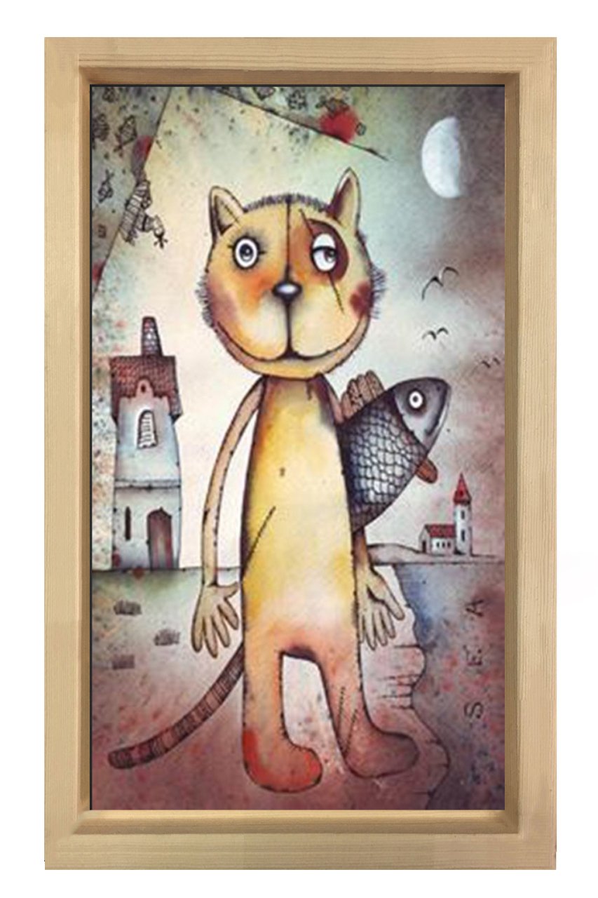 Kedi Ve Balık Tablosu Naturel Ahşap Çerçeve - 100x200