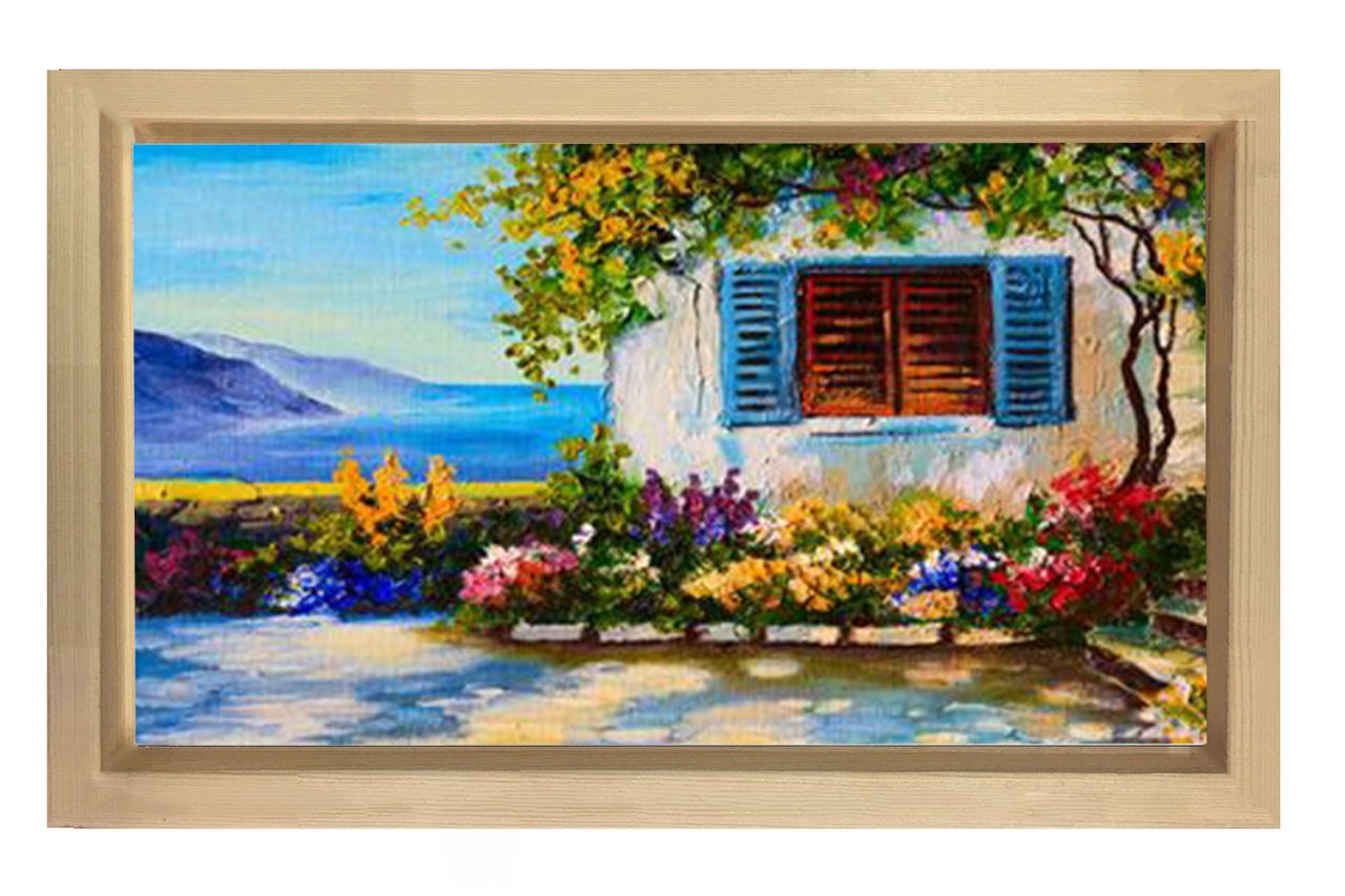 Çiçekli Ev Yağlıboya Tablosu Naturel Ahşap Çerçeve - 50x90