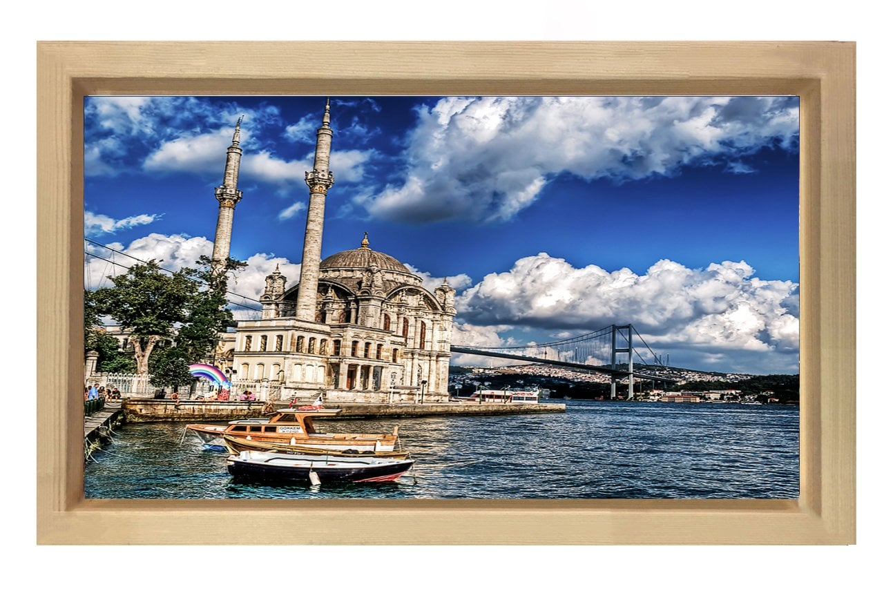 Ortaköy Camii ve Bulutlar Tablosu Naturel Ahşap Çerçeve - 50x90