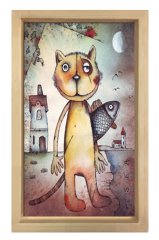 Kedi Ve Balık Tablosu Naturel Ahşap Çerçeve - 45x30