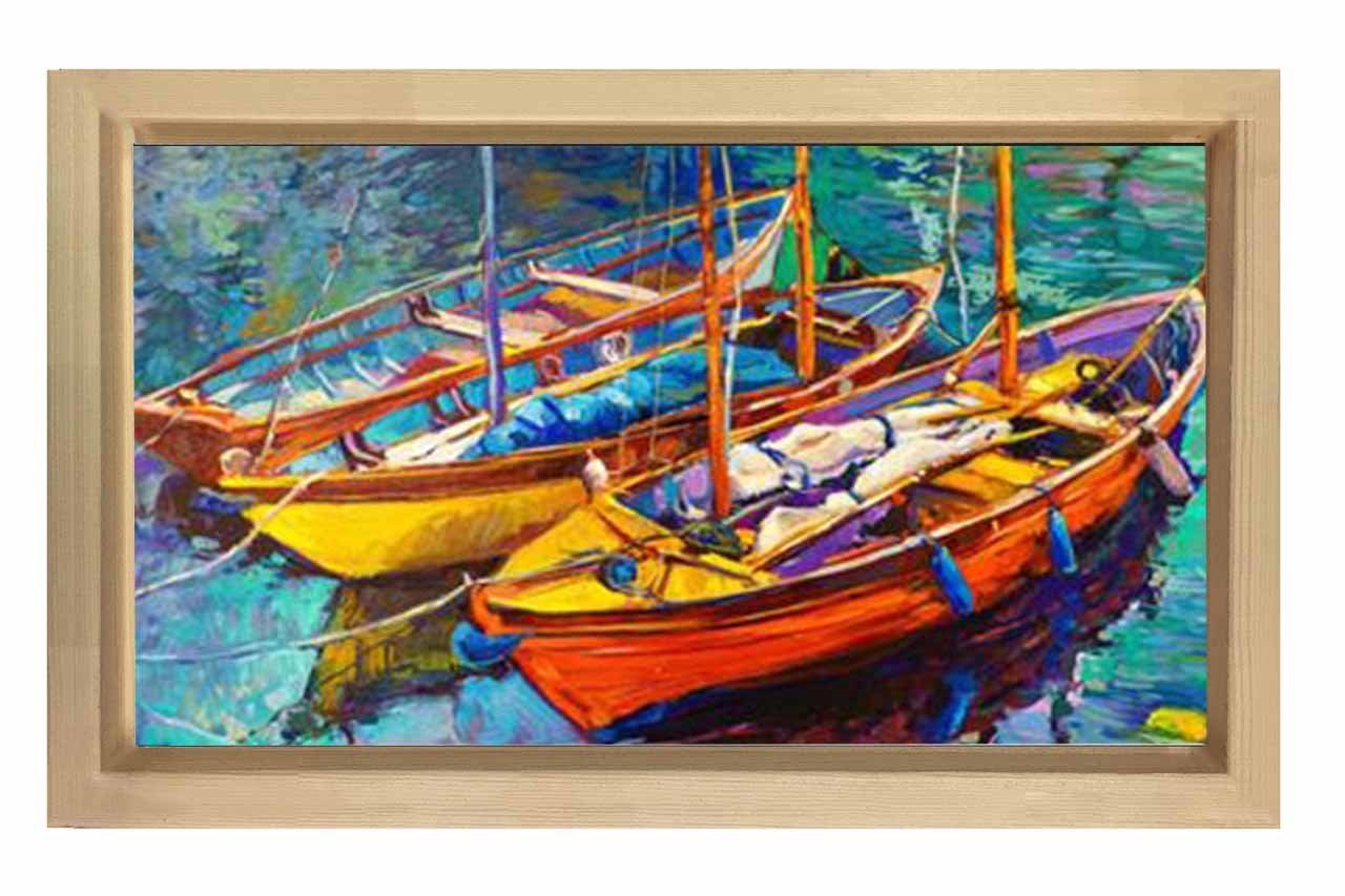 Sulu Boya Kayıklar Tablosu Naturel Ahşap Çerçeve - 40x60