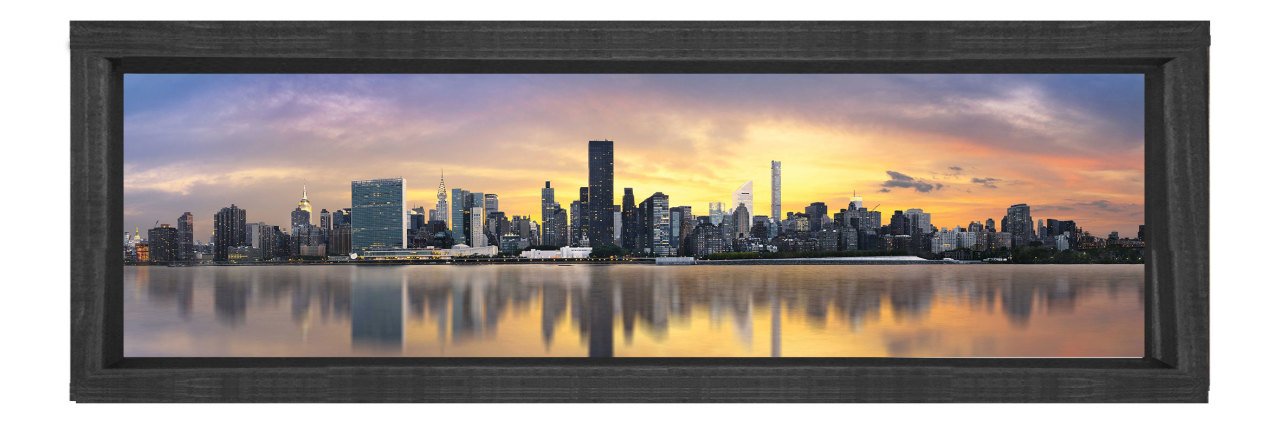 Deniz Kıyısı  ve Gökdelenler Tablosu Siyah Ahşap Çerçeve - 200x70