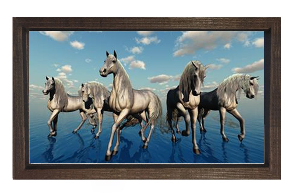 Suda Yürüyen Atlar Tablosu Kahverengi Ahşap Çerçeve - 45x30