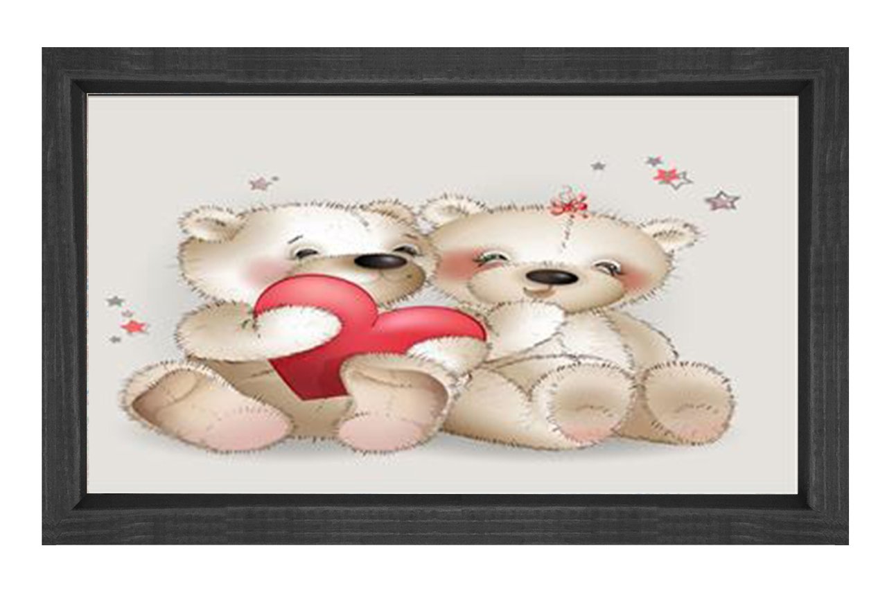 Ayıcık Ve Kalp Tablosu Siyah Ahşap Çerçeve - 45x30
