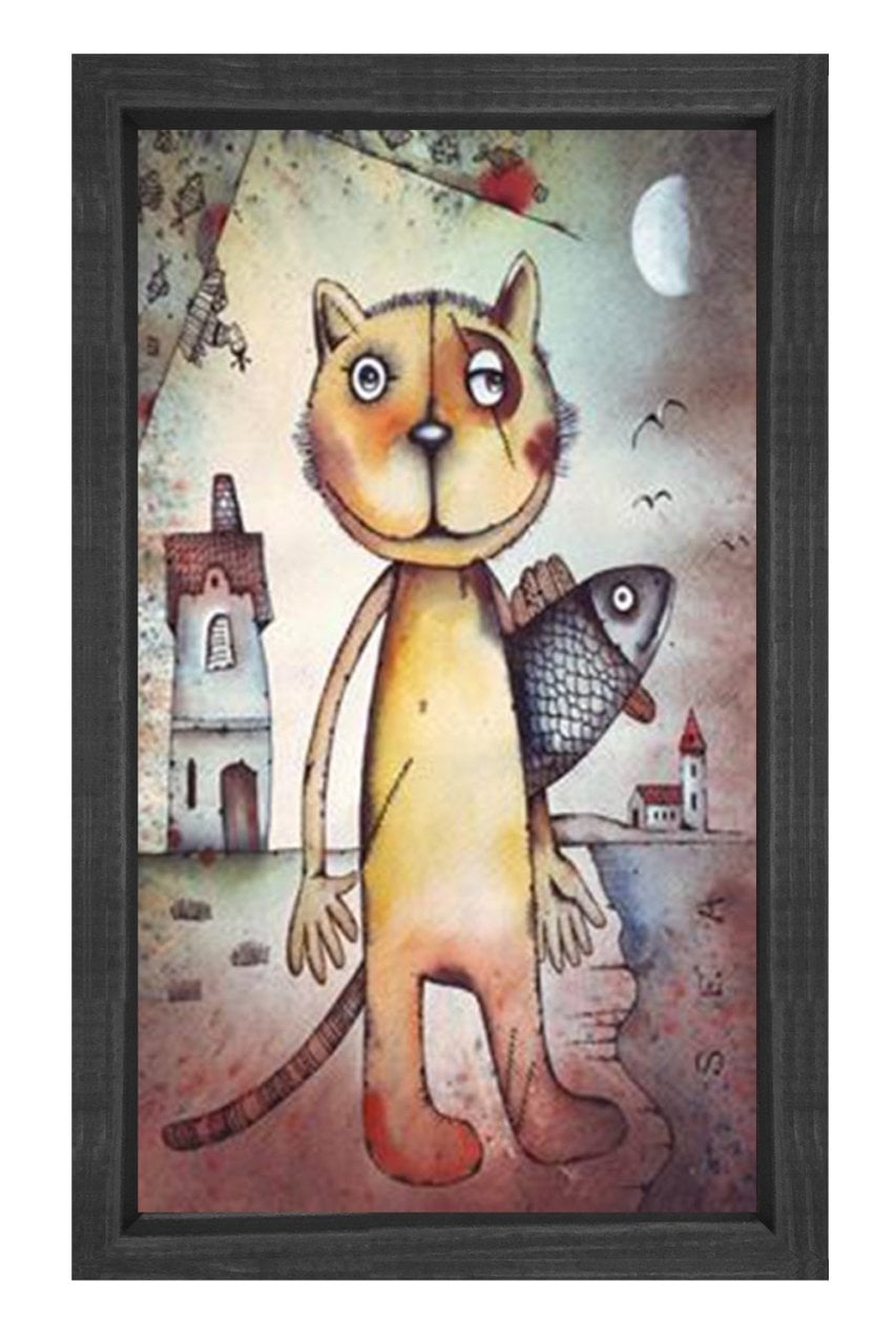 Kedi Ve Balık Tablosu Siyah Ahşap Çerçeve - 50x90